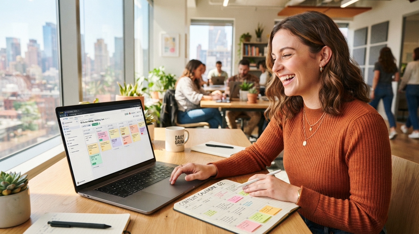 Happy marketer planning a content calendar on a laptop