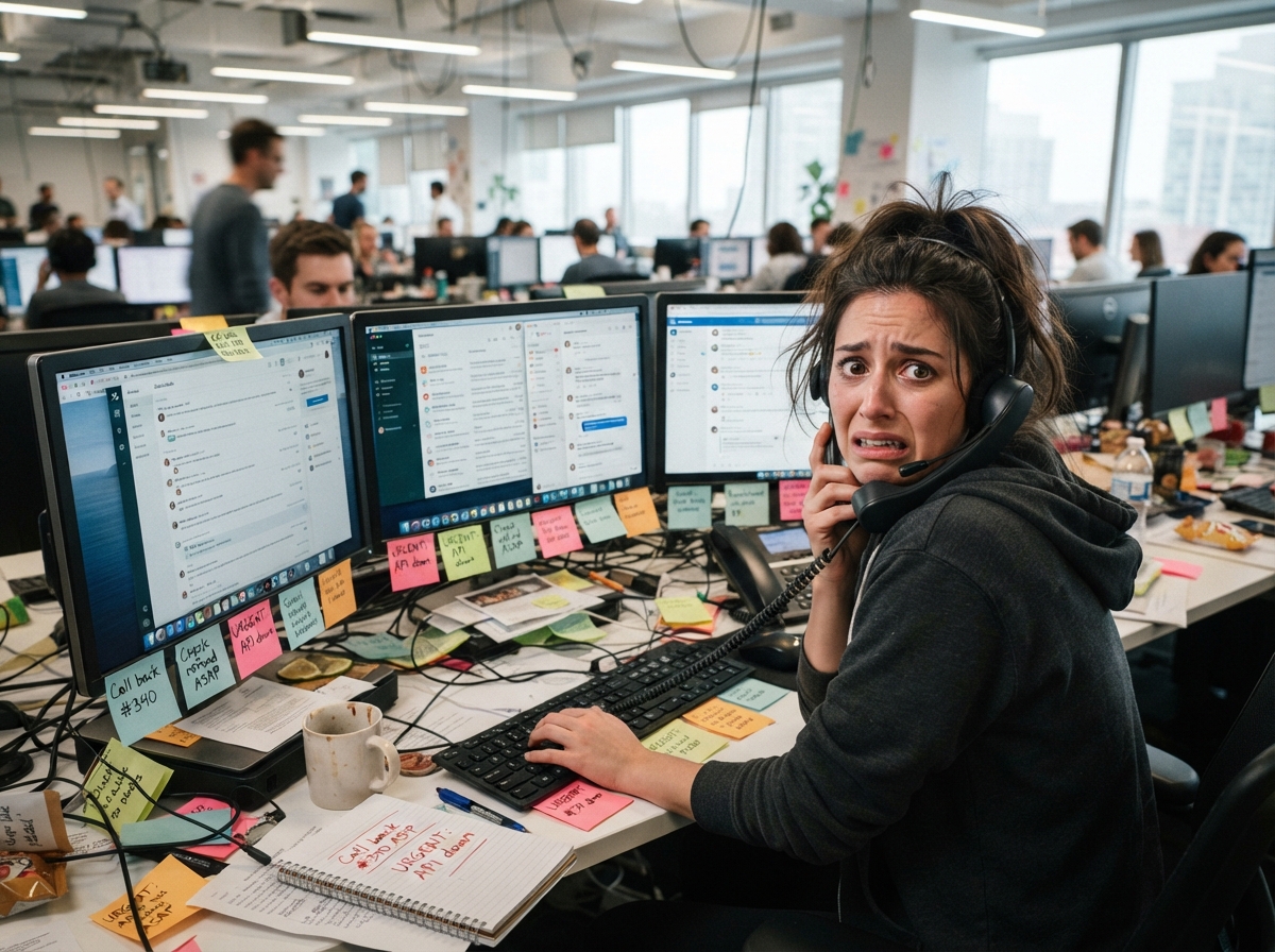Overwhelmed support agent juggling scattered messages across multiple screens