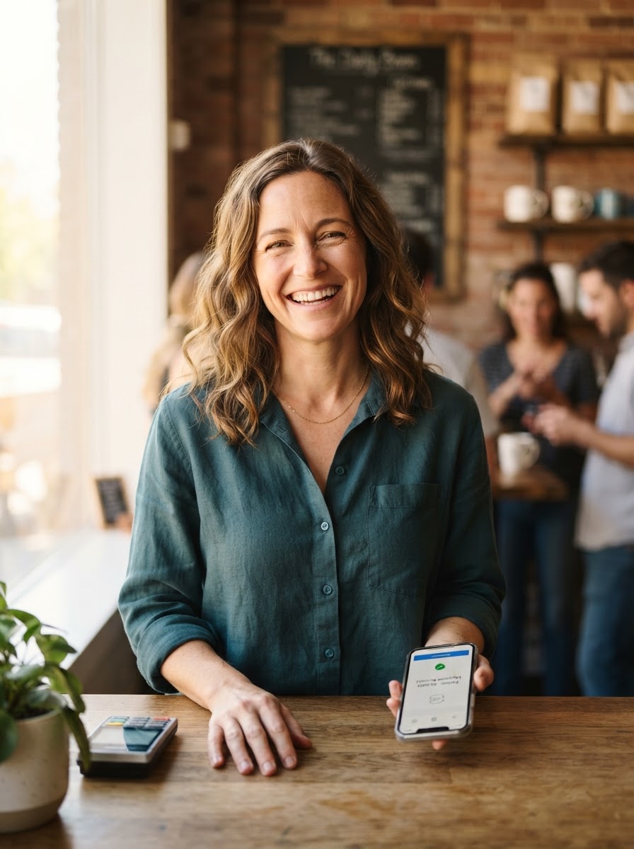 Happy business owner using Zyri invoicing software