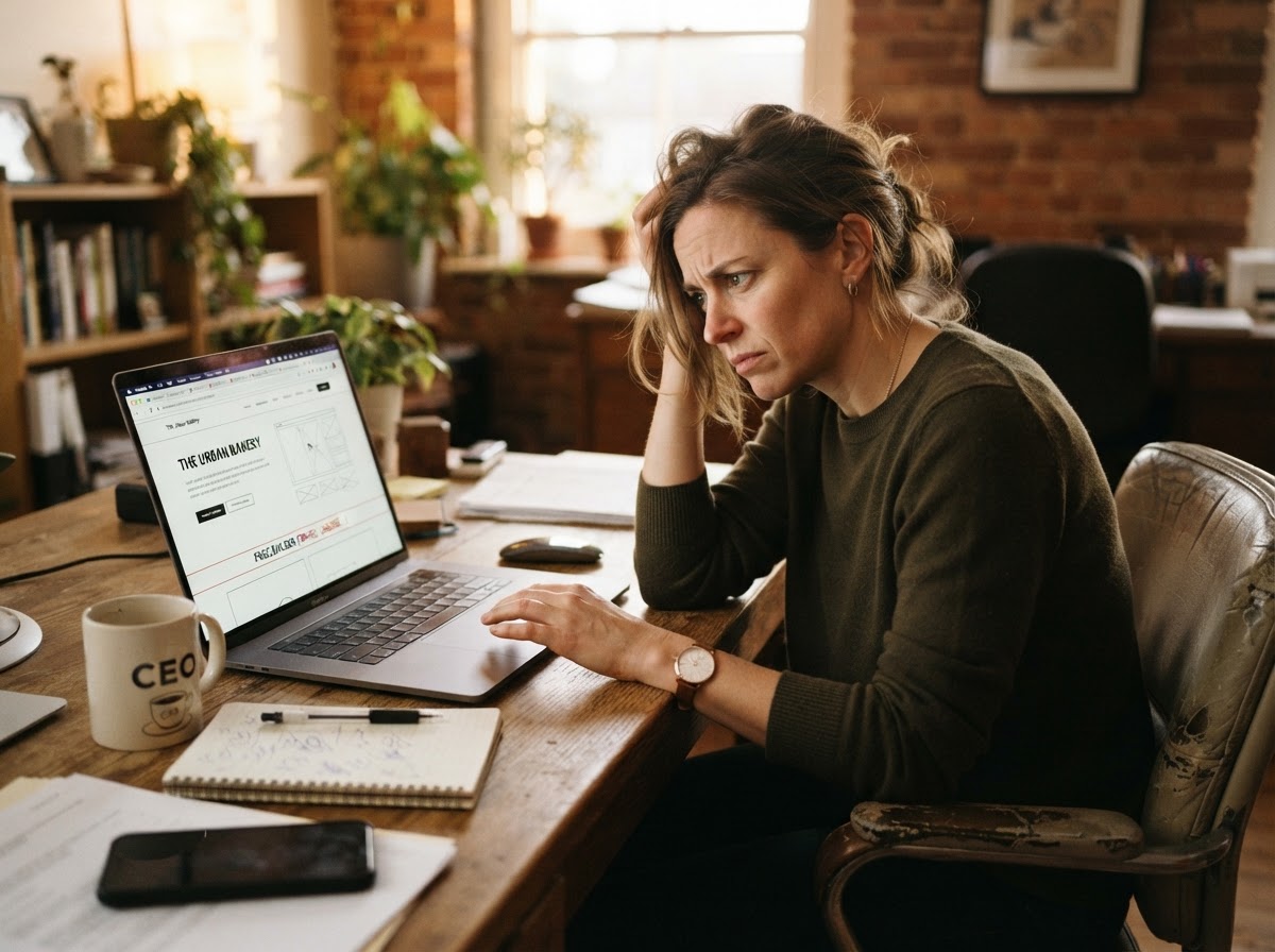 Frustrated business owner waiting with a half-finished landing page on screen
