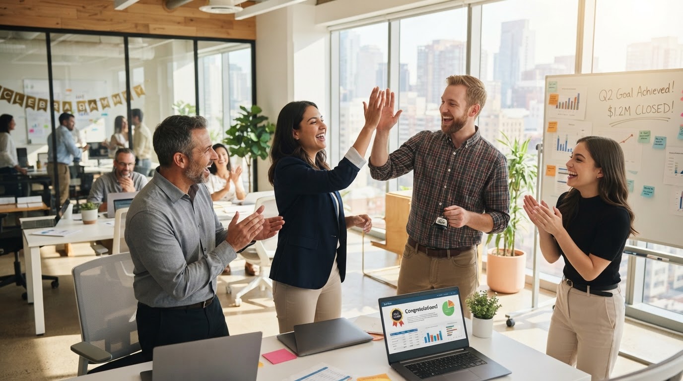 Relaxed sales team celebrating a closed deal while automation runs
