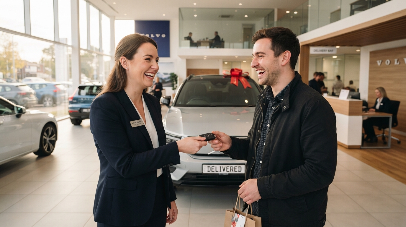 Happy car salesperson handing car keys to a delighted customer in a bright showroom