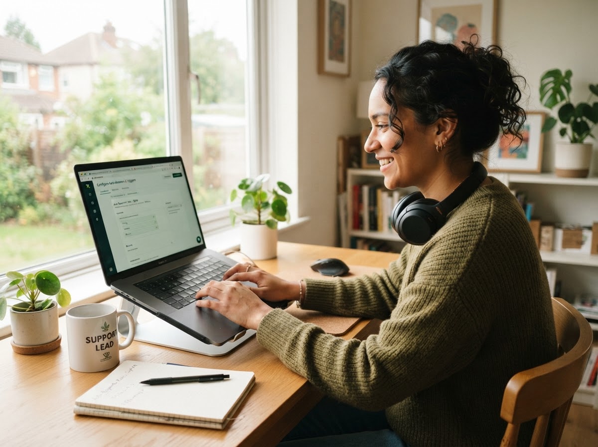 Relaxed support lead setting up auto answers on a laptop
