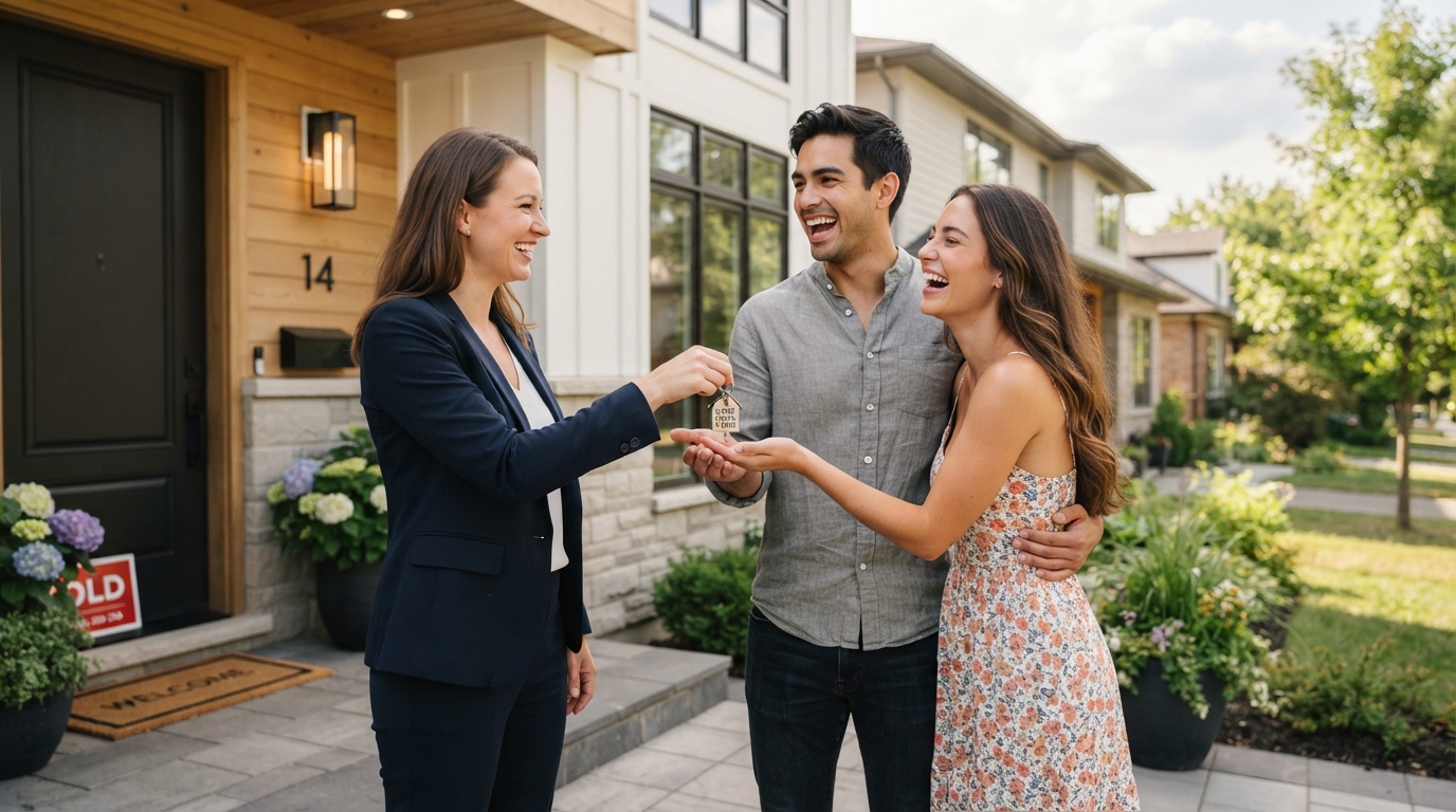 Happy real estate agent handing keys to a delighted young couple in front of a modern home