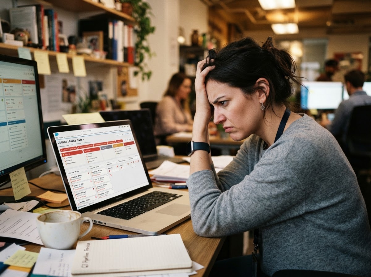 Sales rep staring at a messy pipeline with stalled forgotten deals