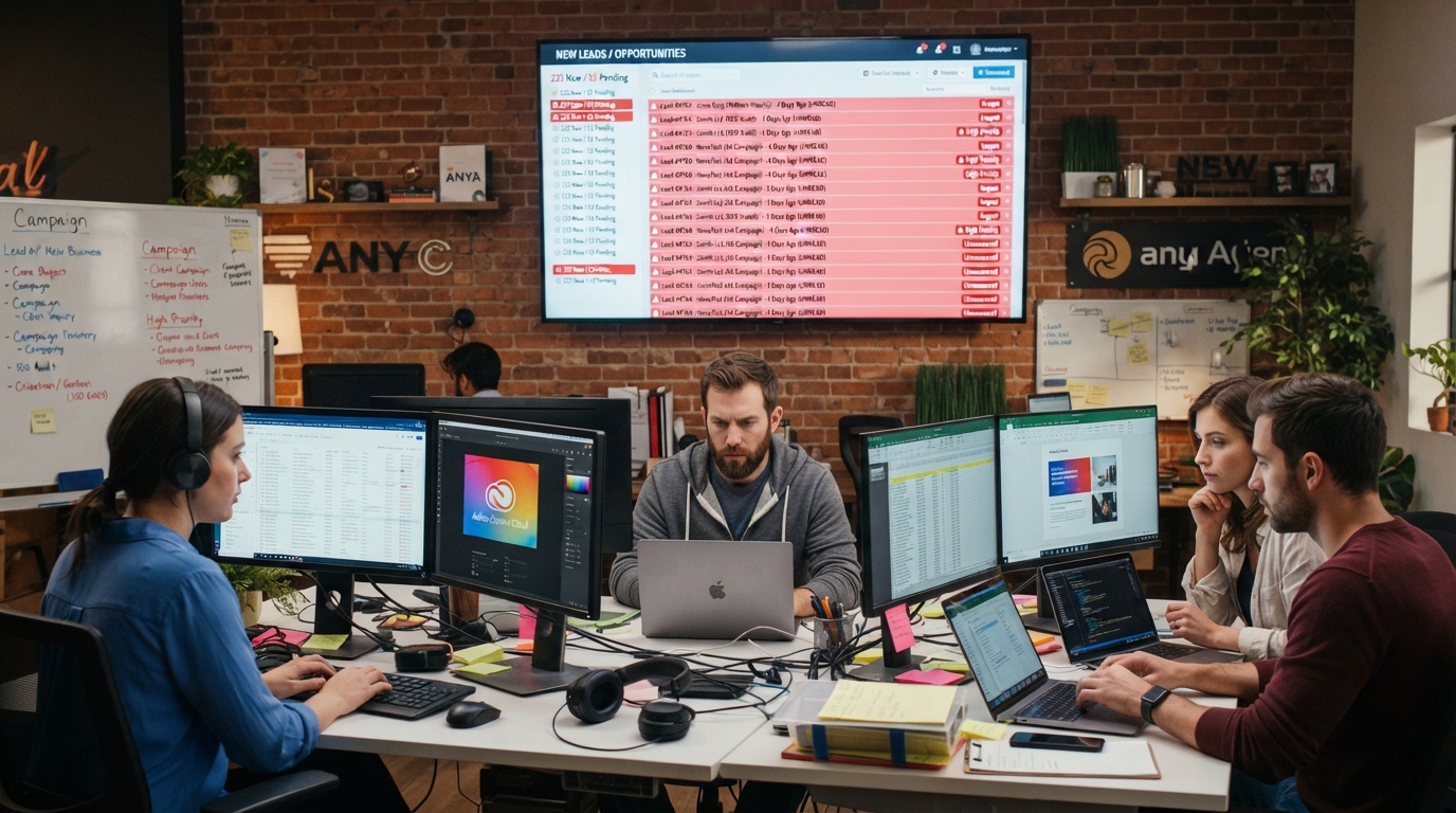 Agency team heads-down on delivery while new leads pile up unanswered
