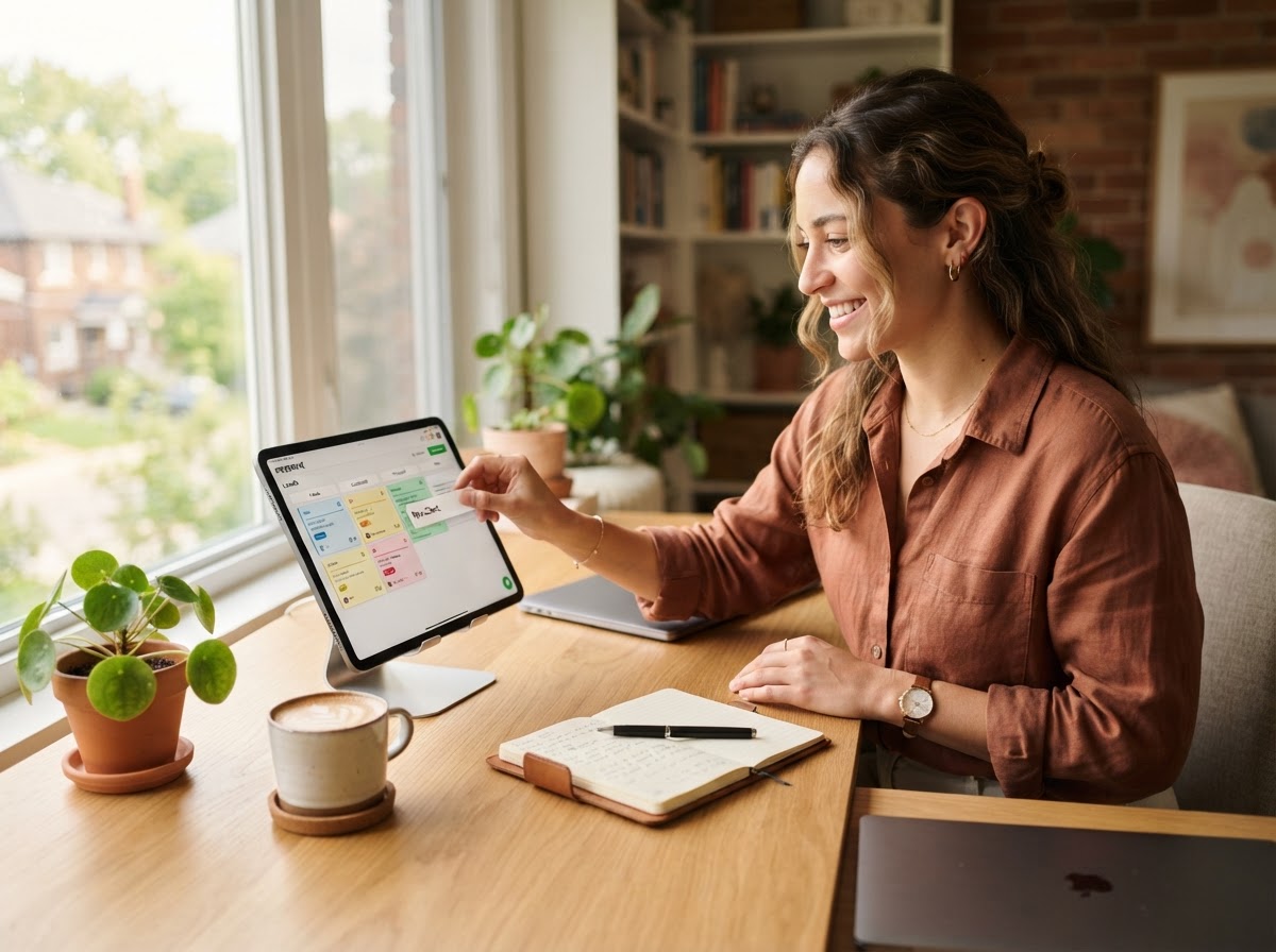 Relaxed non-technical business owner setting up Zyri on a tablet at a bright modern desk