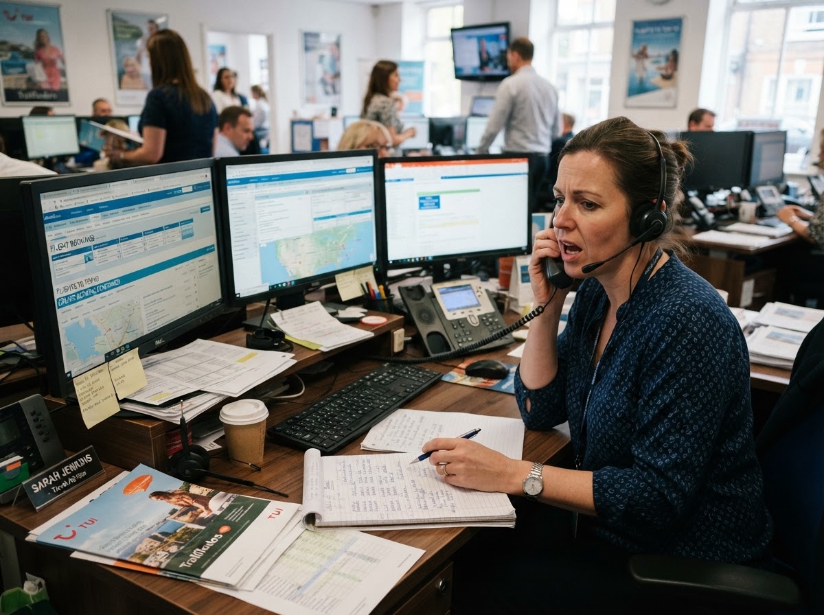 Travel agent overwhelmed by enquiries on multiple screens and a ringing phone at a busy desk