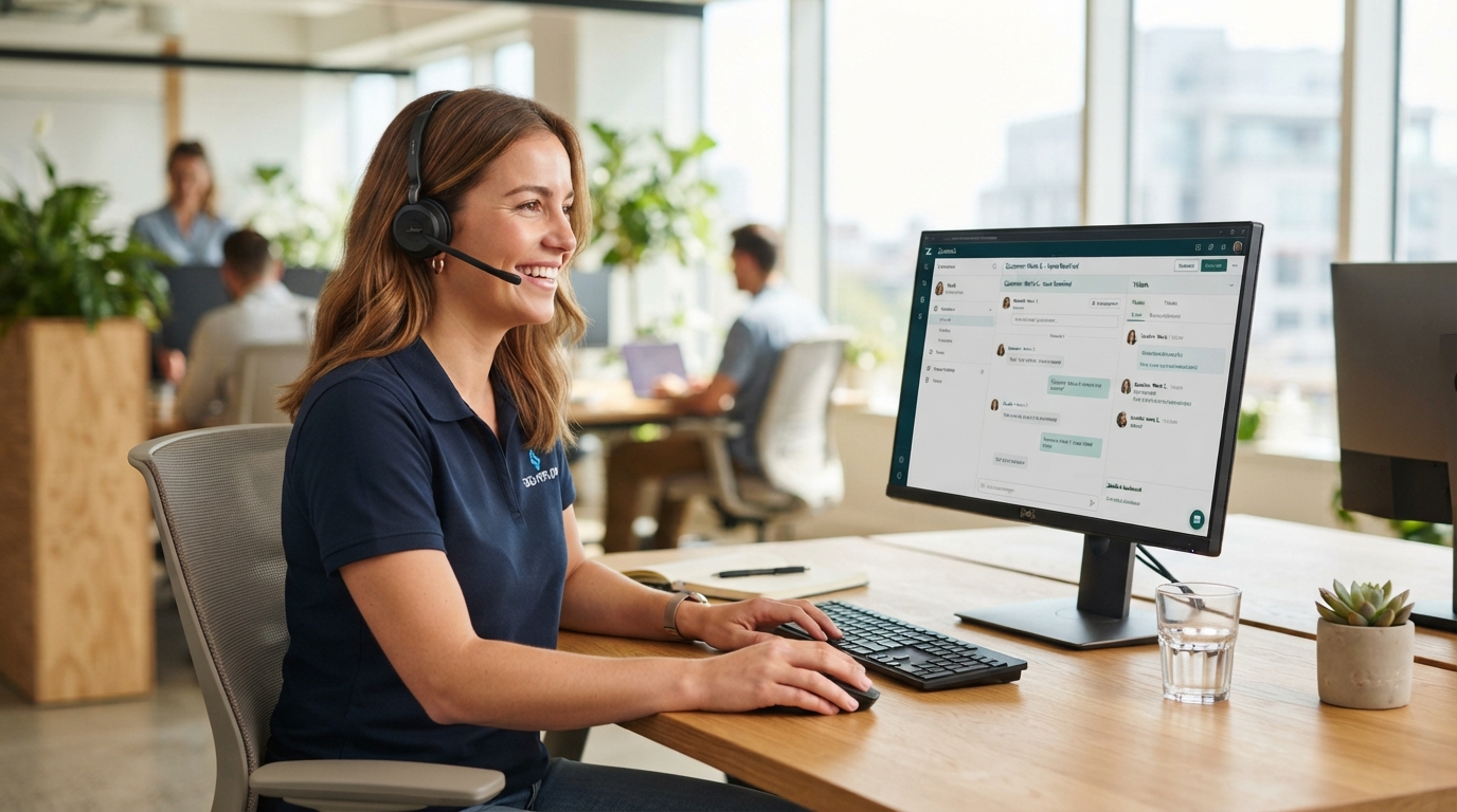 Calm support agent with headset helping customers from one shared inbox in a bright office