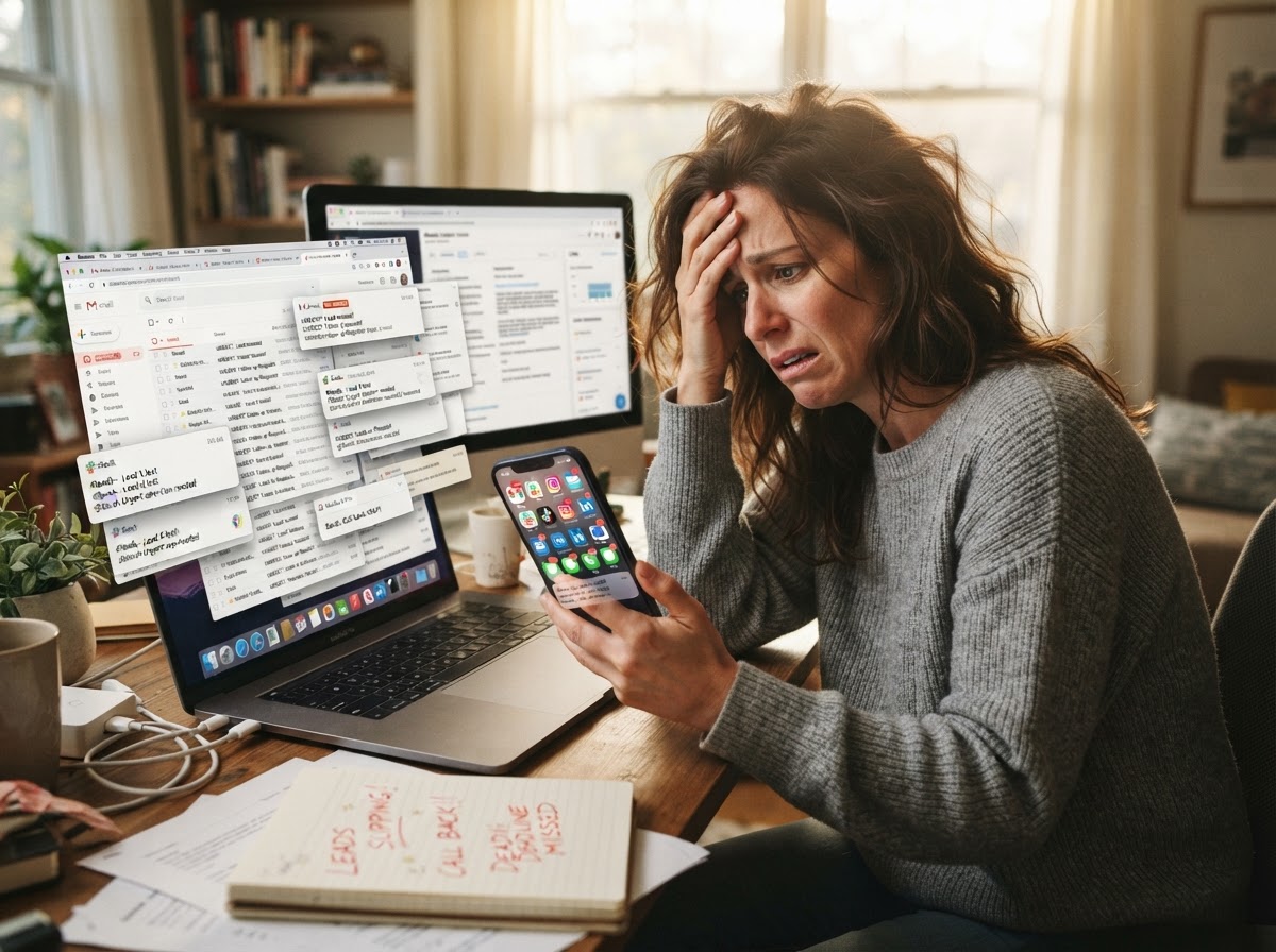 Business owner surrounded by notifications from many apps, leads slipping through