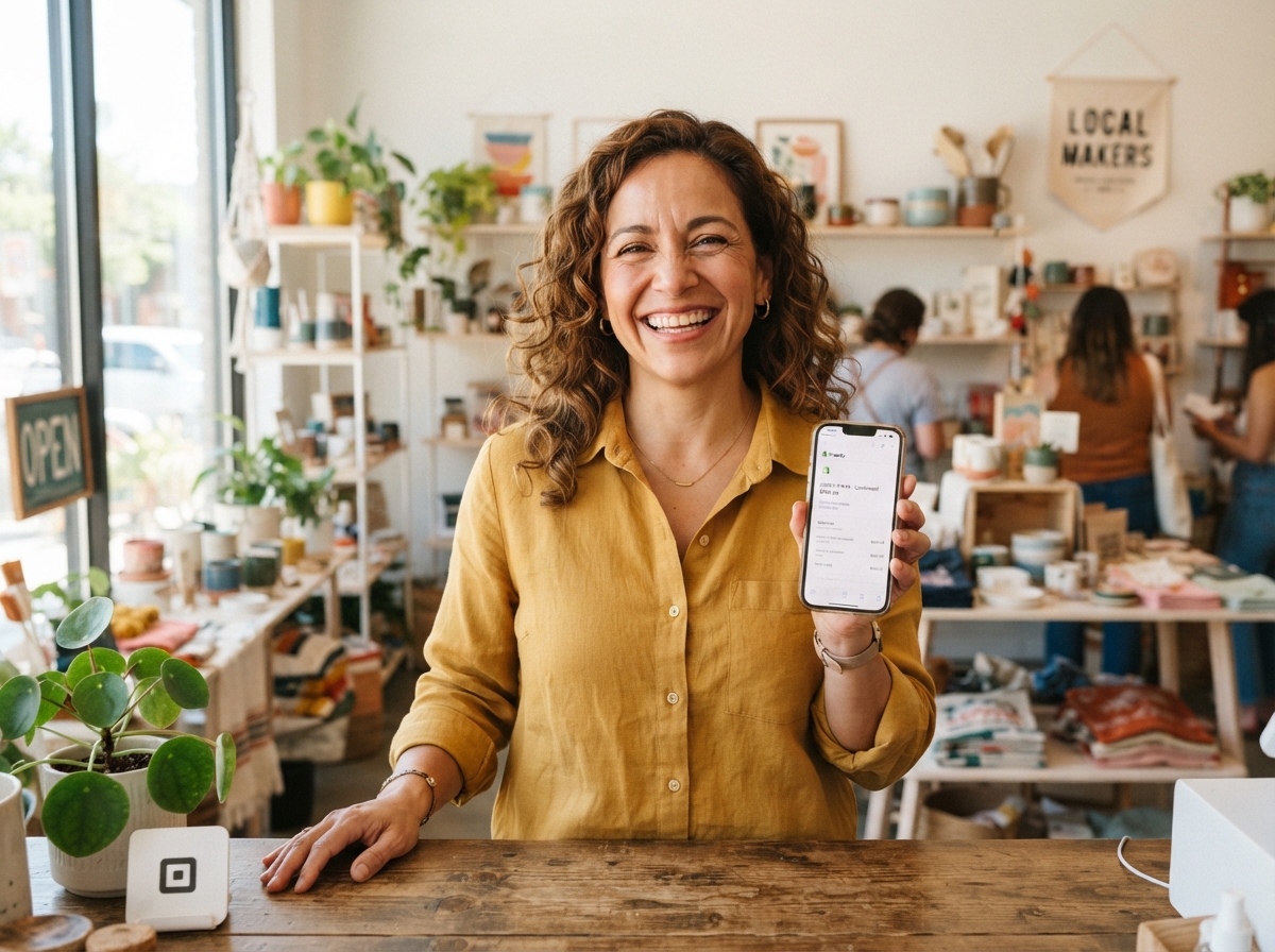 Happy business owner using Zyri AI chatbot