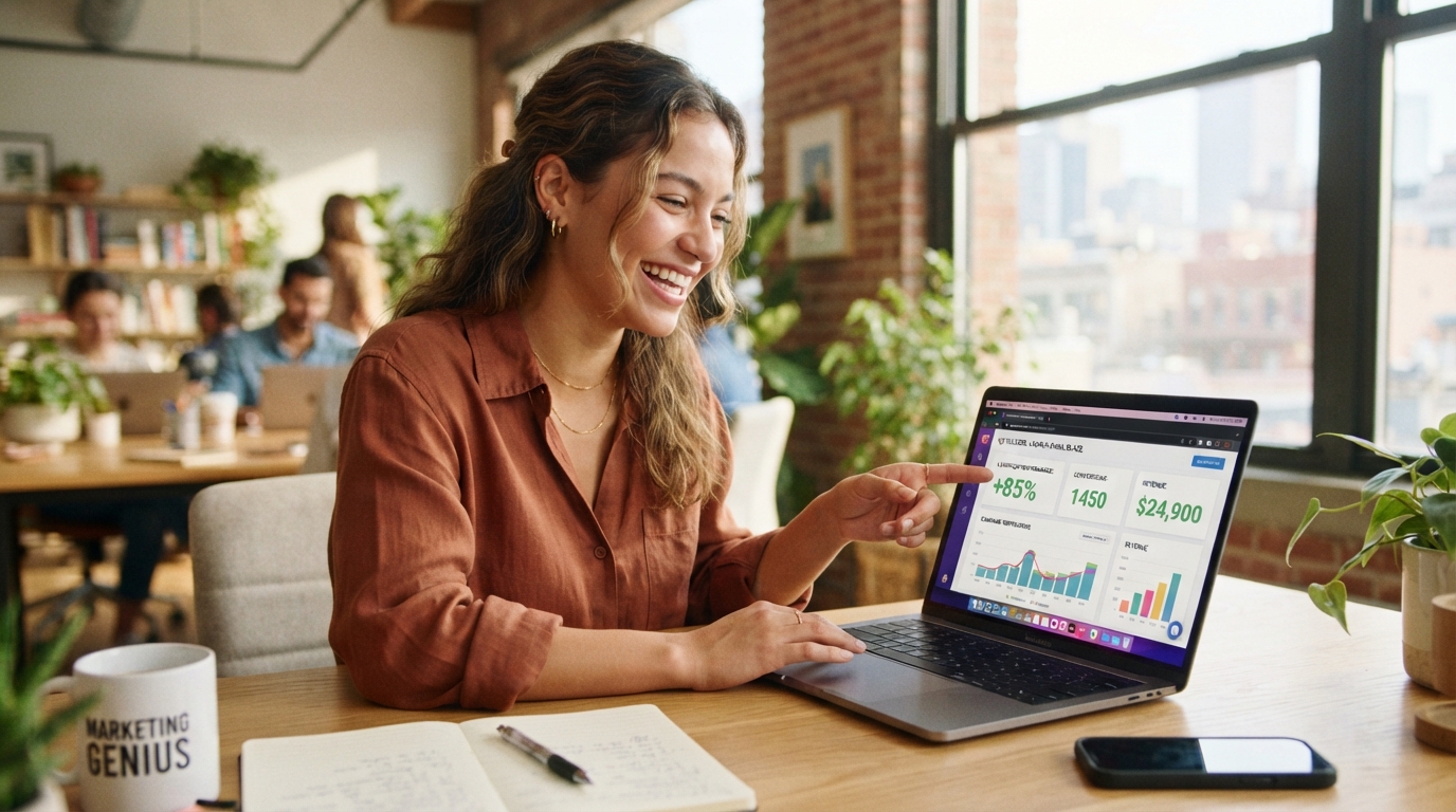 Happy marketer reviewing an email campaign performing well