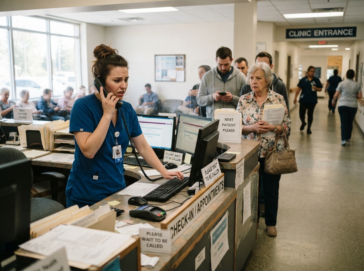 Busy clinic front desk with a receptionist juggling a ringing phone and a queue