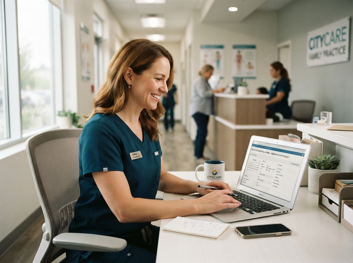 Relaxed clinic manager setting up services and hours on a laptop at a bright tidy desk