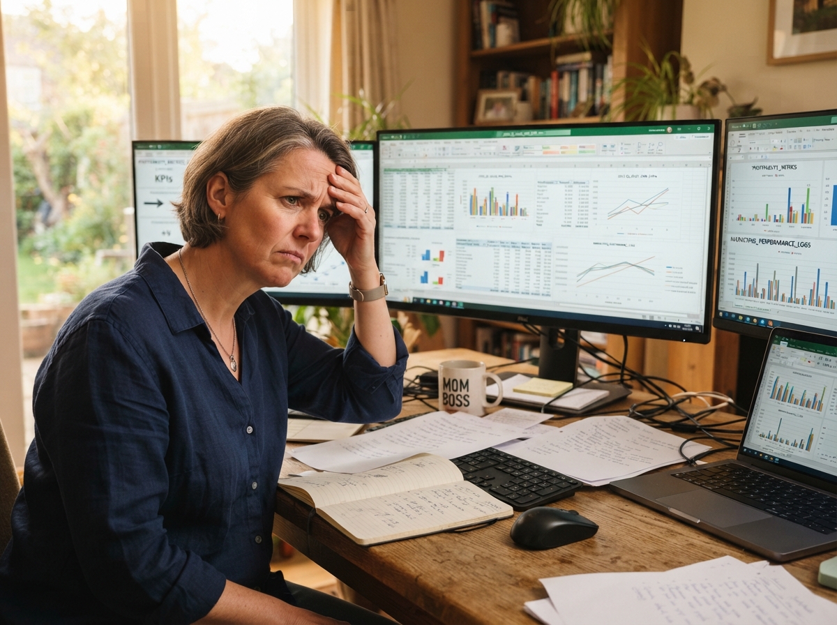 Owner staring at disconnected charts and spreadsheets
