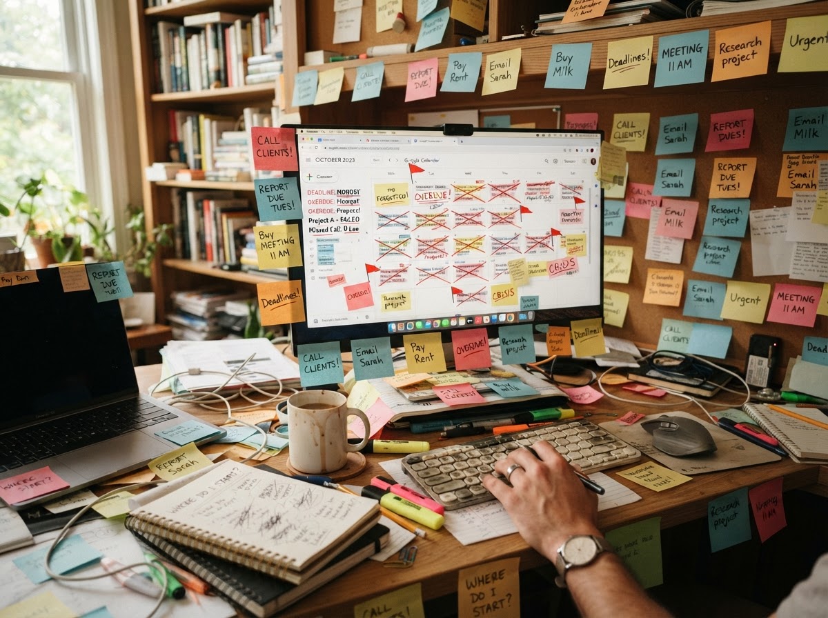 Chaotic desk covered in sticky notes with a messy calendar