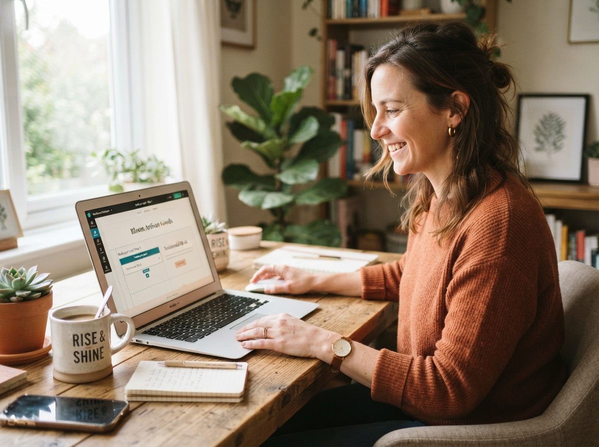Relaxed non-technical owner building a landing page block by block on a laptop