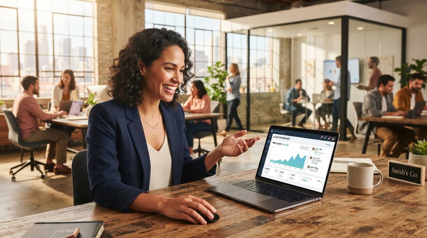 Happy business owner watching leads arrive on a bright dashboard