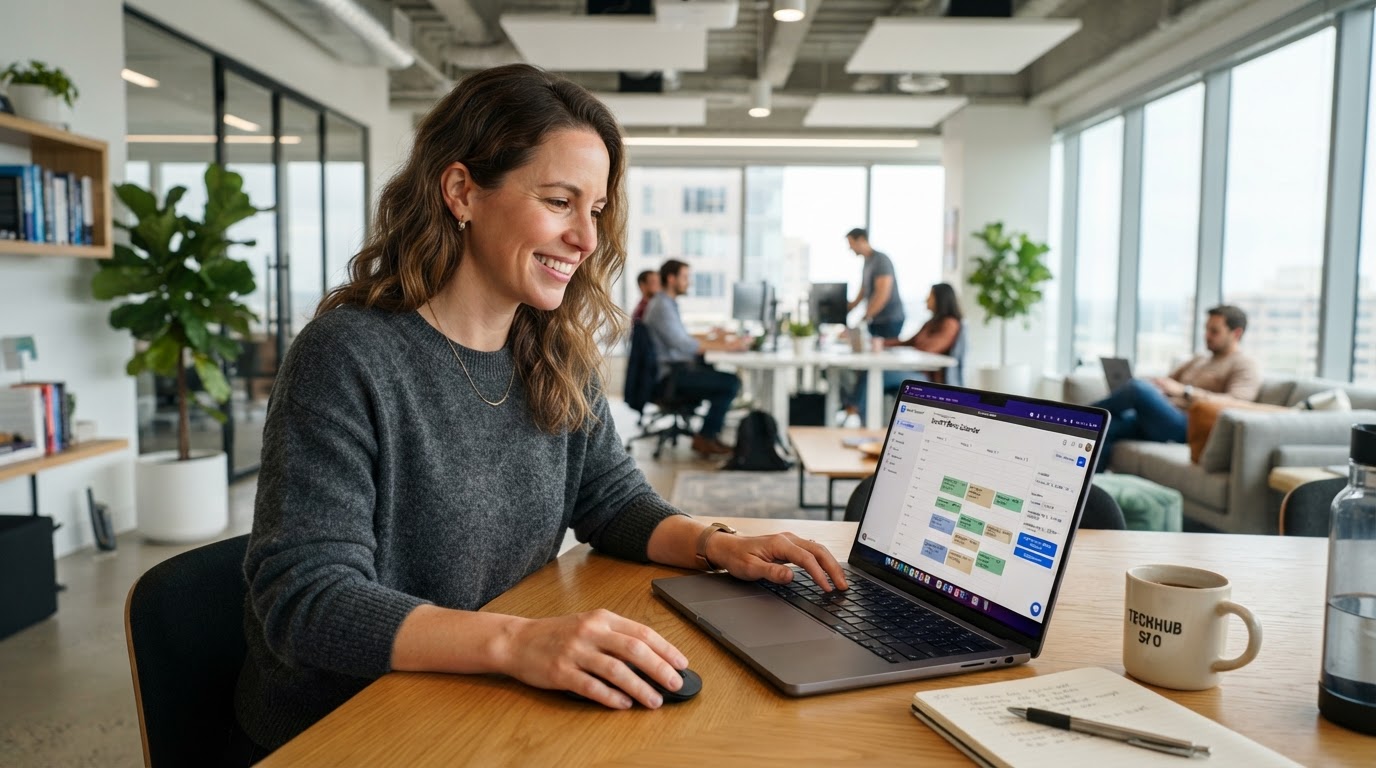 Relaxed software founder setting up their demo calendar on a laptop