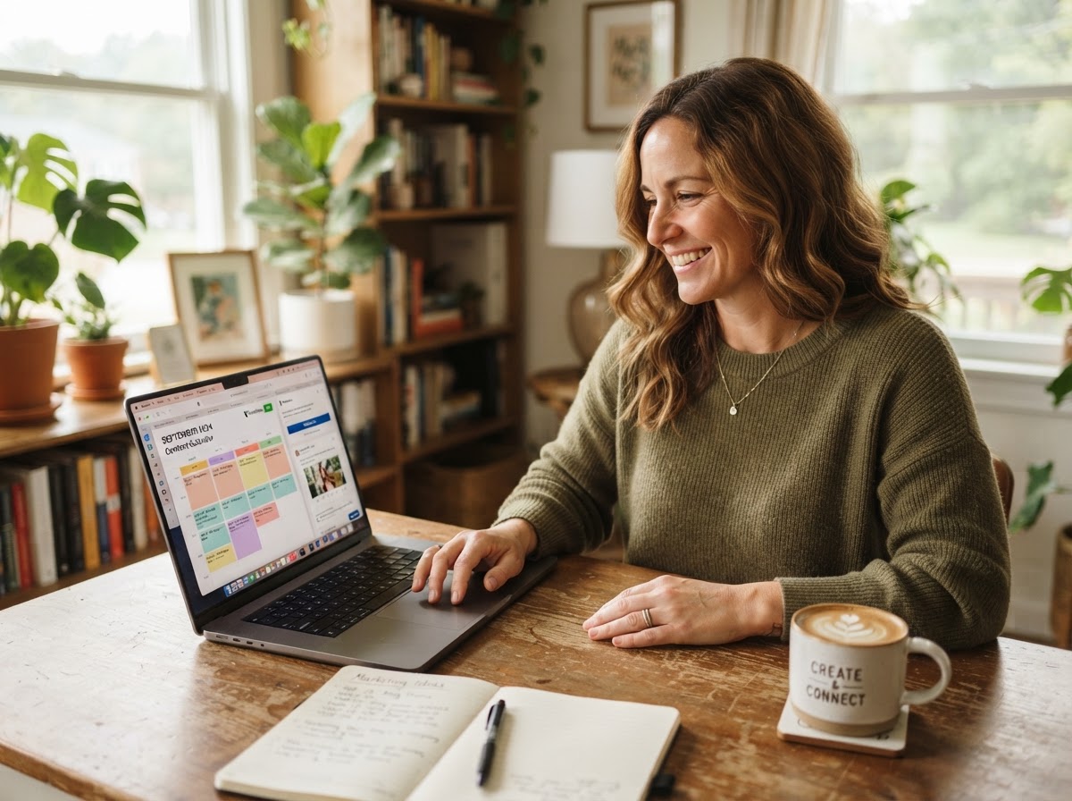 Relaxed non-technical owner scheduling social media posts on a content calendar