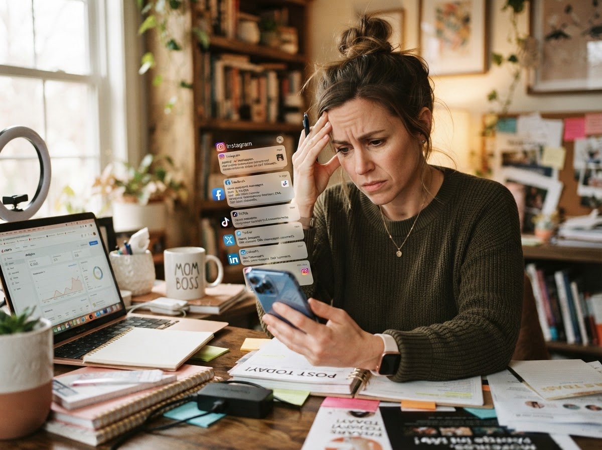 Overwhelmed business owner juggling multiple social media apps on a phone