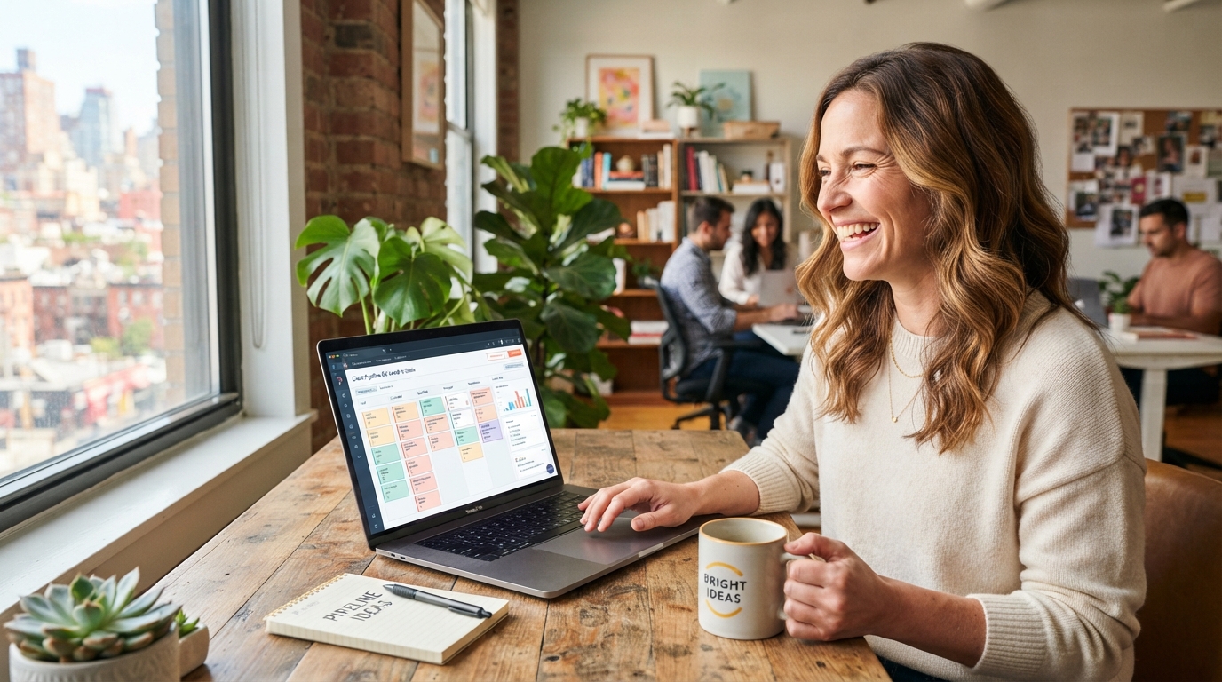 Relaxed agency owner setting up their pipeline on a laptop