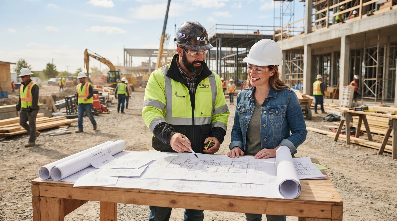 Confident contractor and happy client reviewing plans on a bright construction site