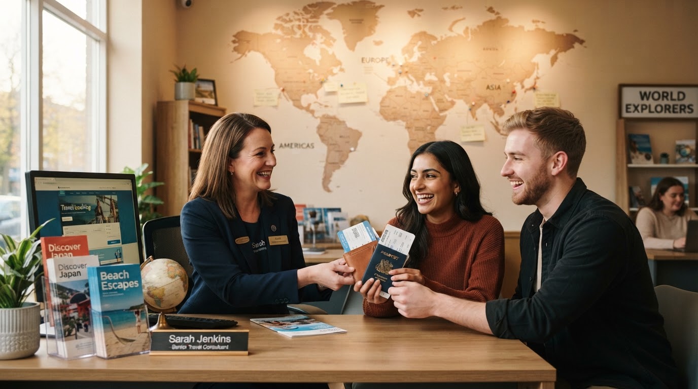 Happy travel agent handing tickets and a passport wallet to a delighted young couple