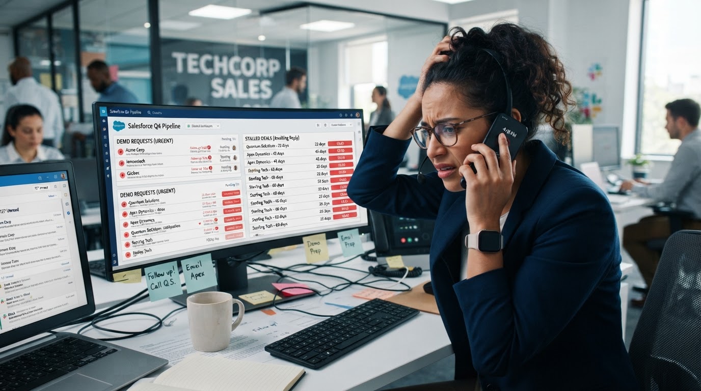 Tech sales rep juggling demo requests and a stalled pipeline on screen