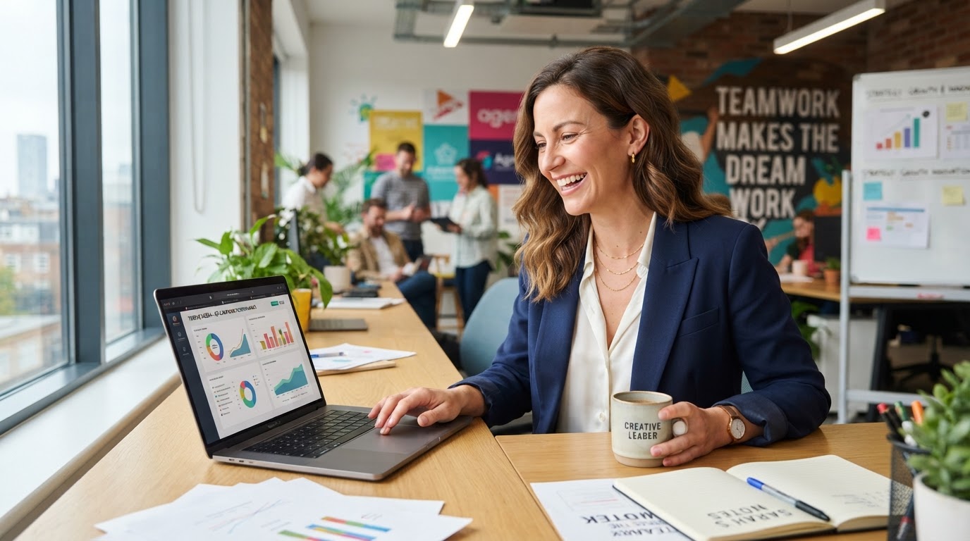 Confident marketing agency owner using Zyri CRM