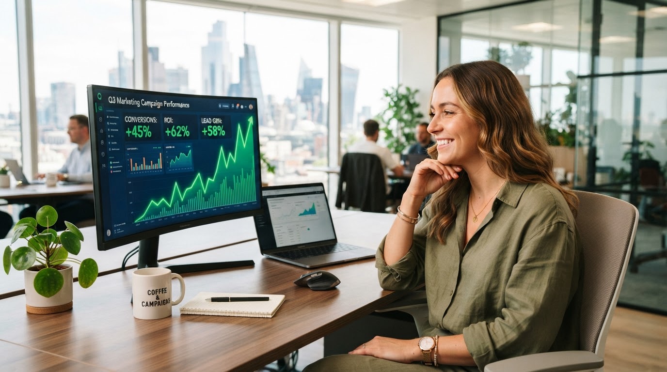 Marketer relaxed at a desk while campaign results climb on screen