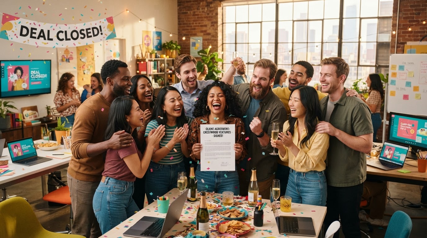 Lively marketing agency team celebrating a signed client deal in a bright creative office