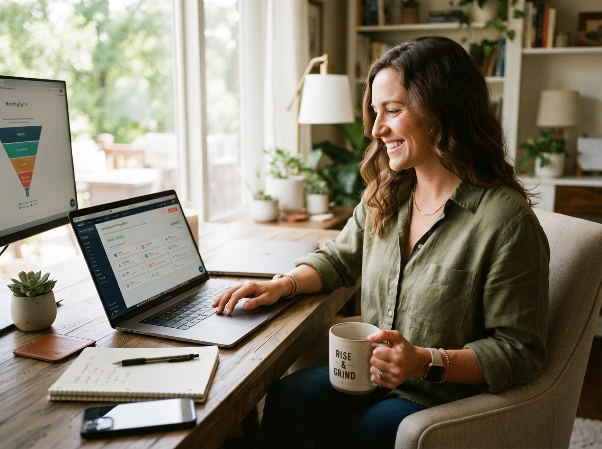 Relaxed owner connecting lead sources on a laptop