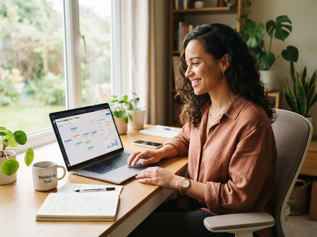 Relaxed marketer building a campaign journey on a laptop
