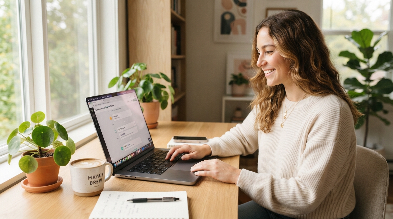 Relaxed non-technical owner building a follow-up sequence on a laptop