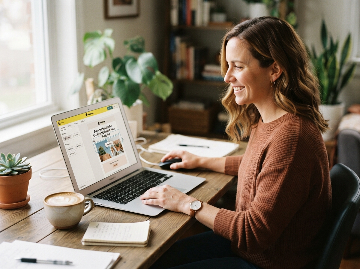 Relaxed non-technical owner building an email campaign in a drag-and-drop builder