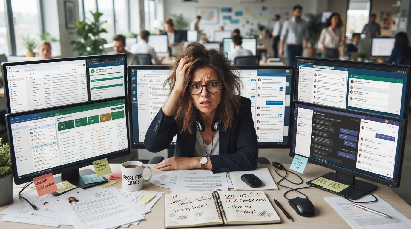Recruiter overwhelmed by applications and messages across several screens