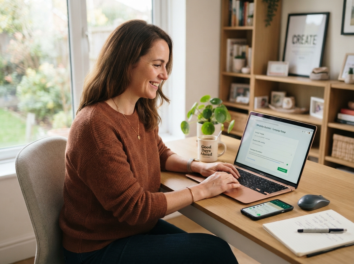 Relaxed non-technical owner setting up a WhatsApp campaign on a laptop