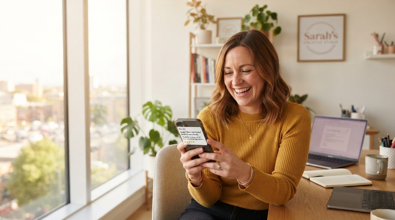 Delighted business owner seeing a fresh 5-star review on their phone