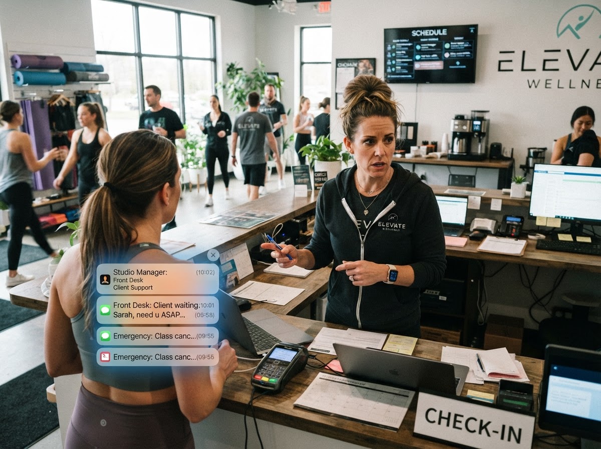 Studio or spa owner distracted at a busy front desk while a phone lights up with unanswered messages
