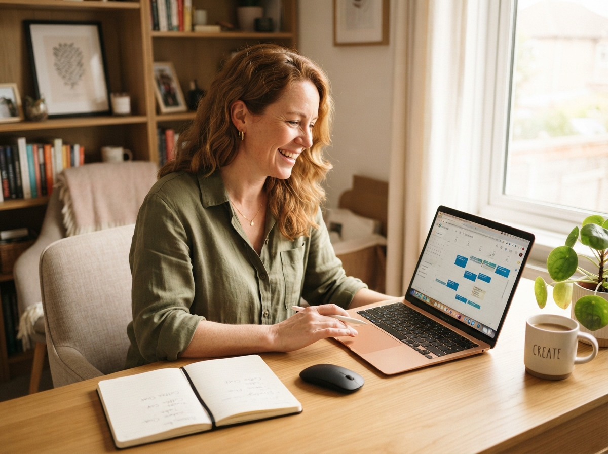 Relaxed owner organising tasks on a laptop