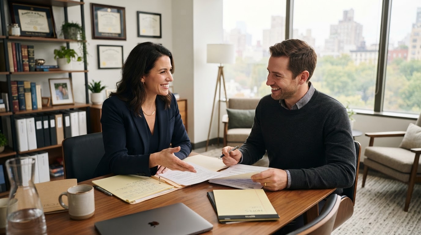 Professional lawyer in a warm consultation with a client in a tidy modern office