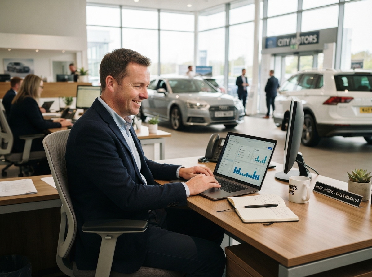 Relaxed sales manager connecting lead sources on a laptop in a showroom office