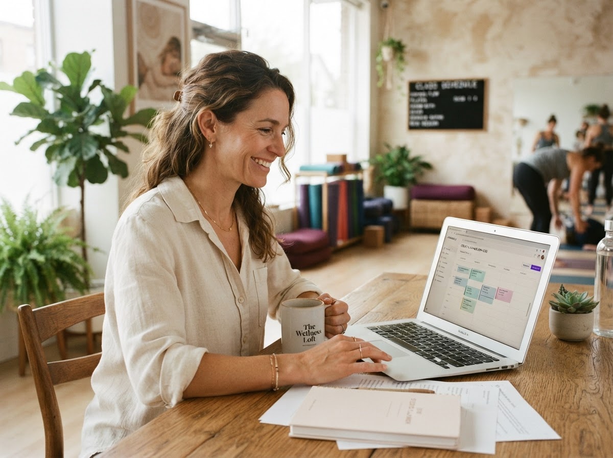 Relaxed studio or spa owner setting up classes and services on a laptop or tablet
