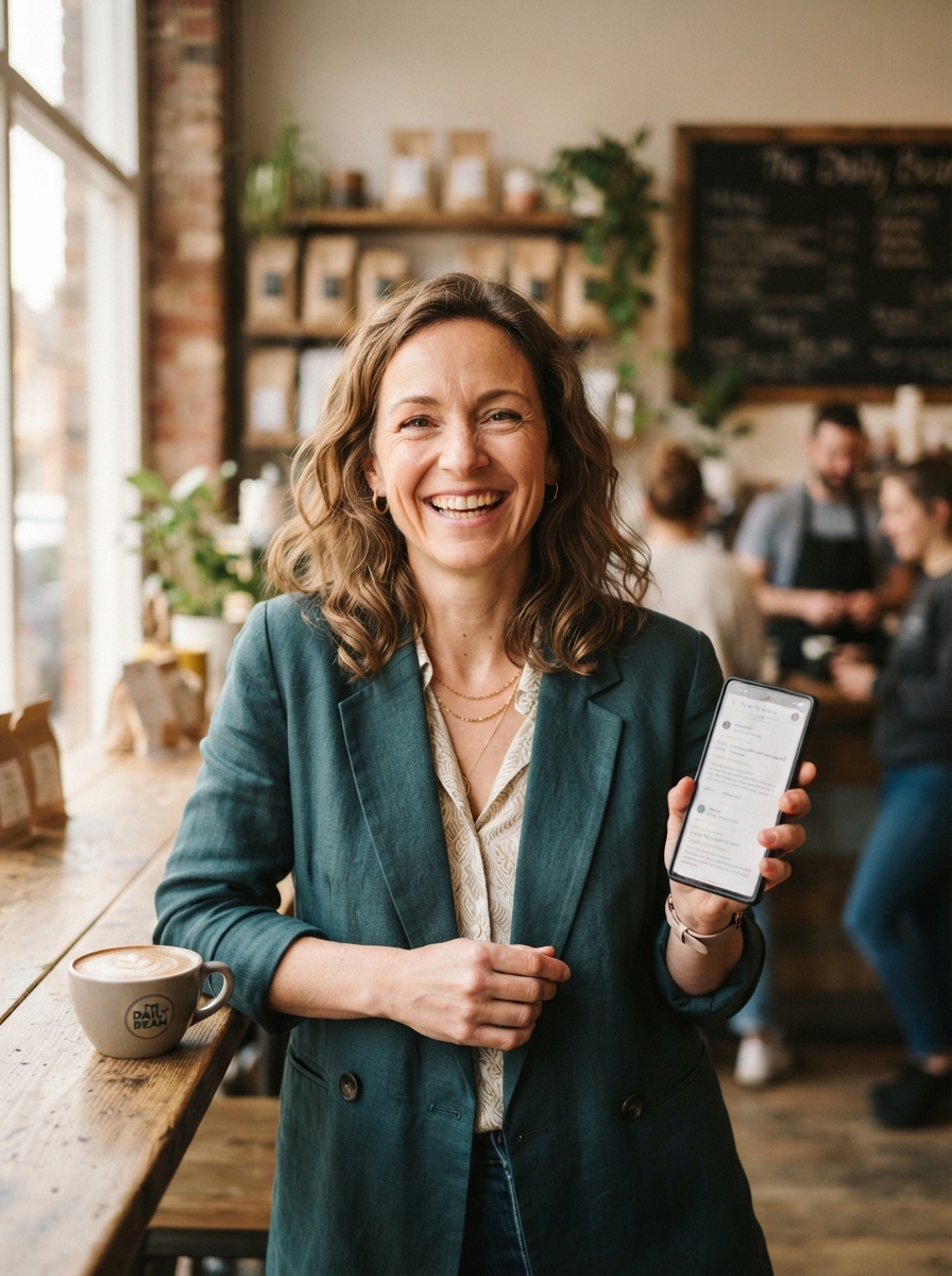 Happy business owner using Zyri review management