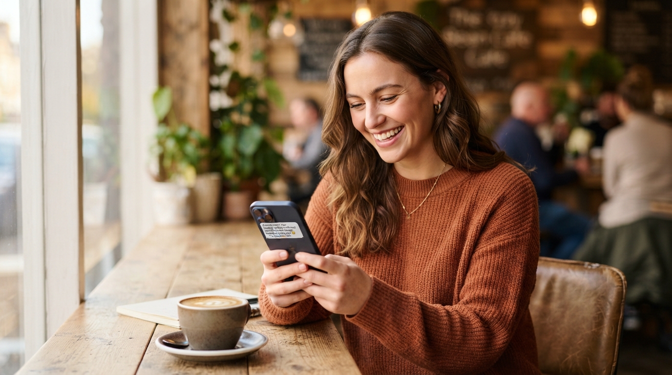 Happy customer getting an instant helpful reply on their phone
