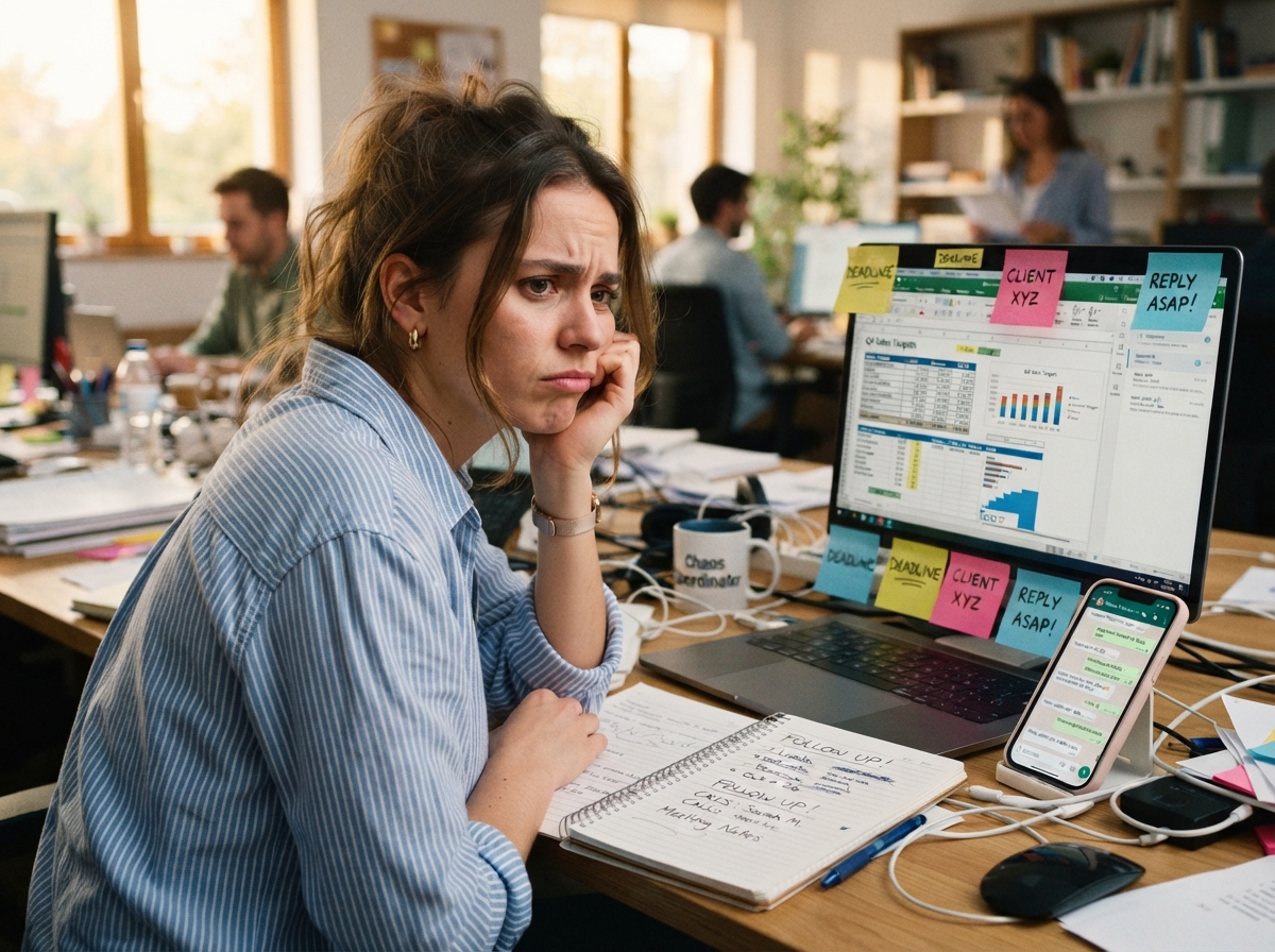 Stressed salesperson at a cluttered desk with spreadsheets, WhatsApp and sticky notes