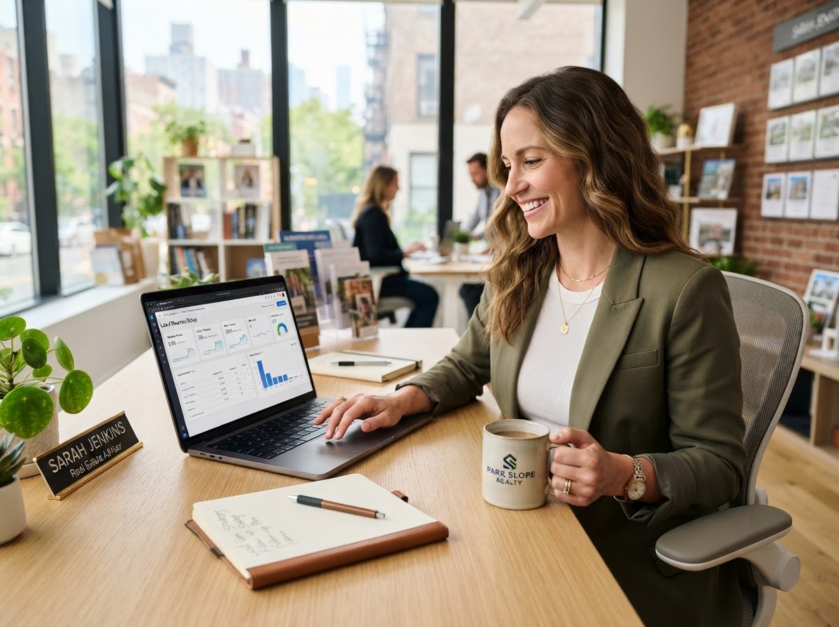 Relaxed real estate agent setting up lead sources on a laptop at a bright desk