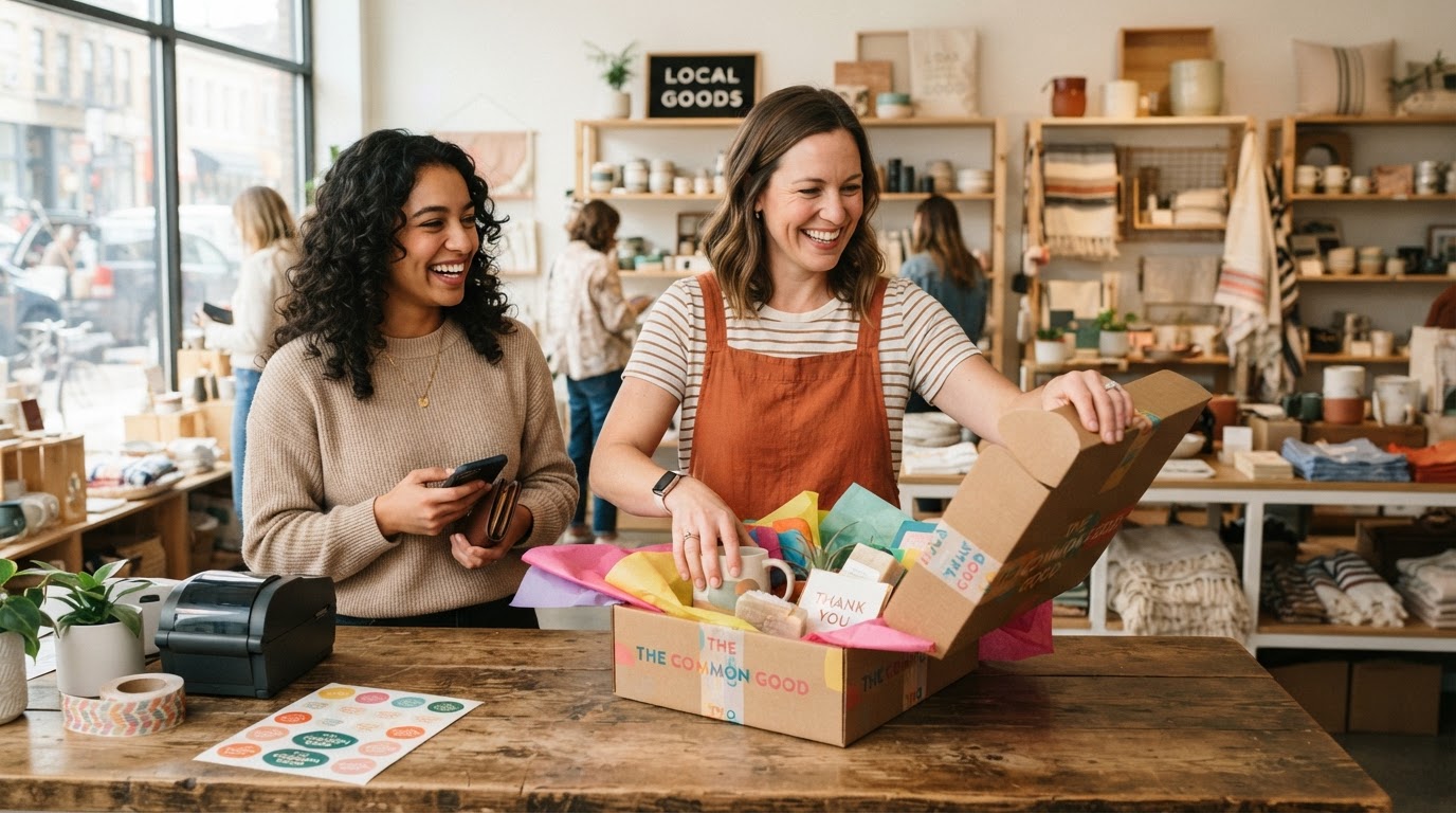 Happy shop owner smiling with a customer while packing a bright order