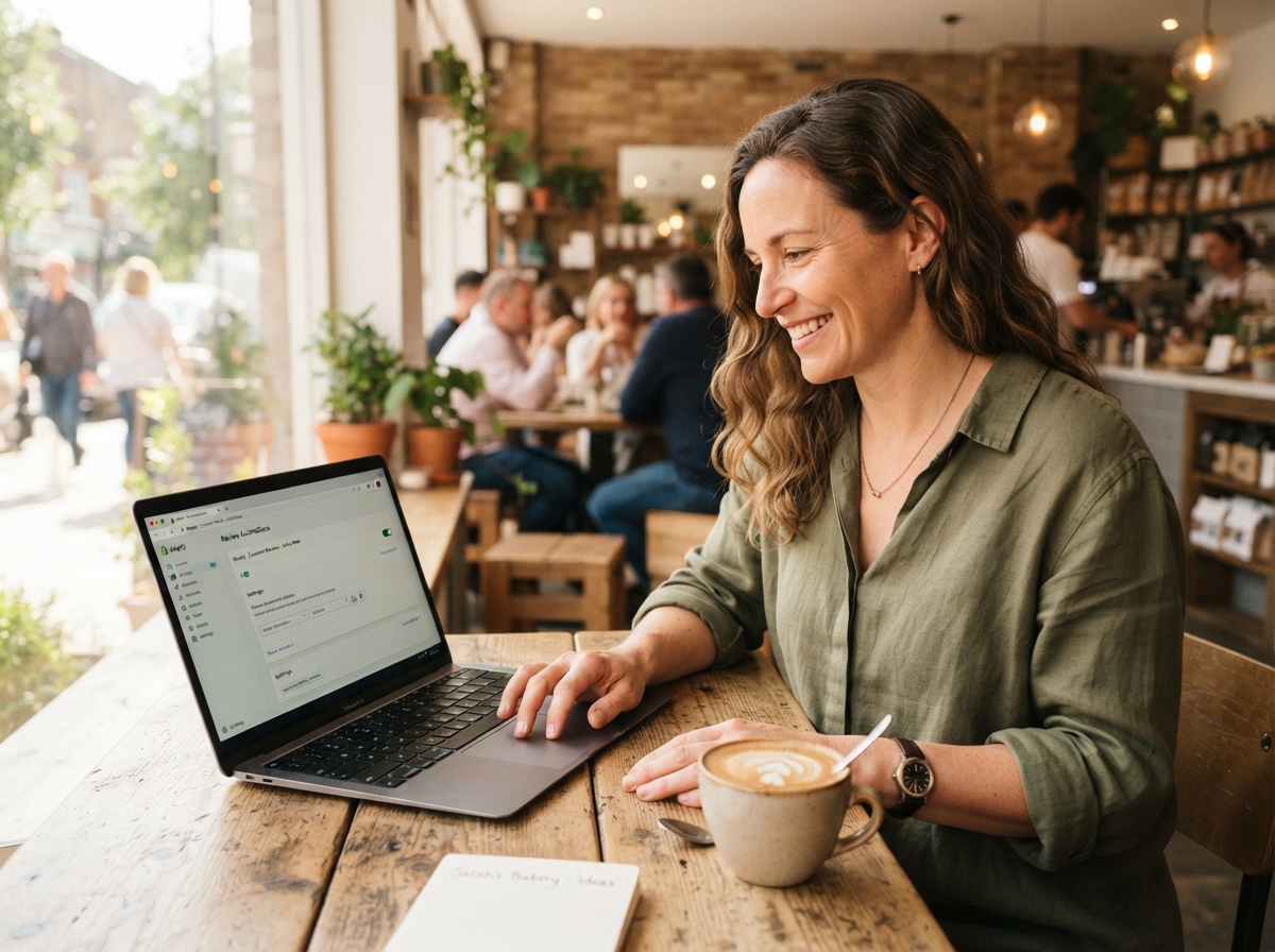 Relaxed owner enabling review requests on a laptop